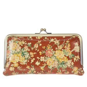 P Nash Everly FRAME leather brown/yellow floral LARGE botanical wallet zip snap